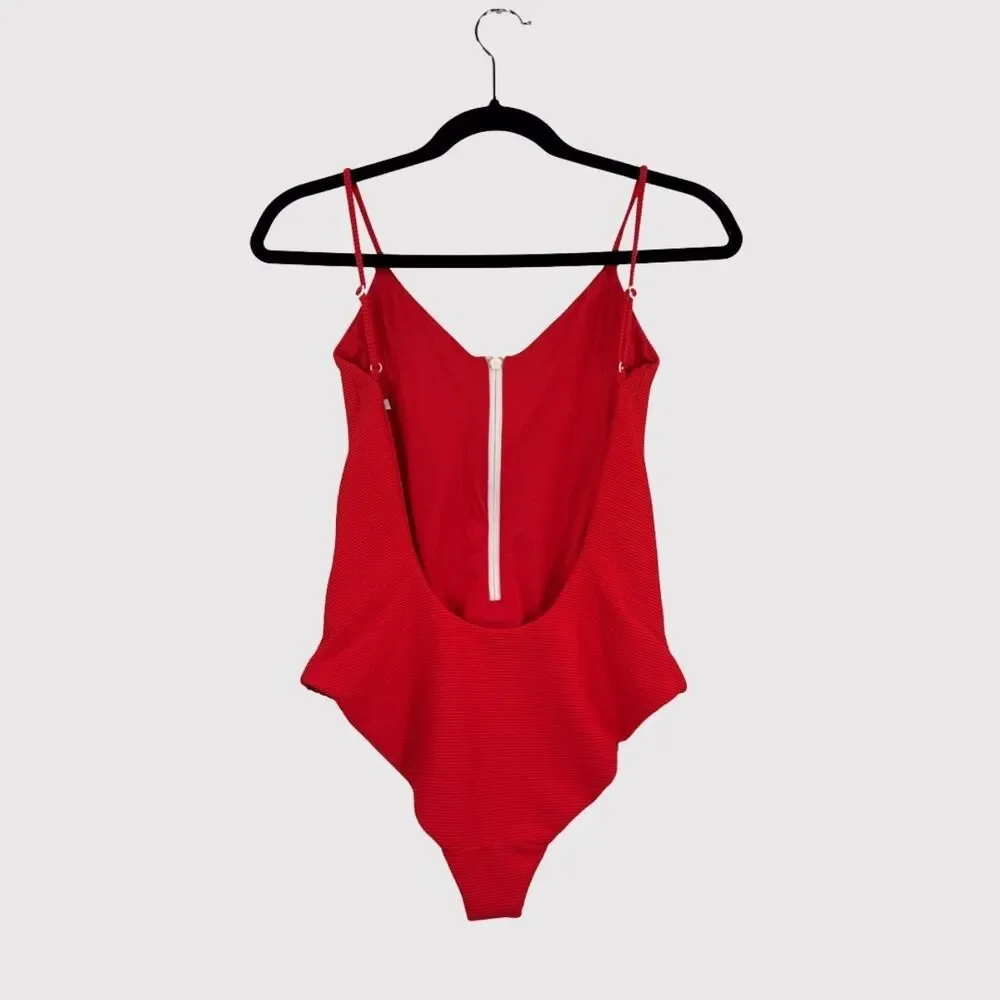 Onia Womens Swimsuit Red One Piece Ribbed Zip Up V Neck Low Scoop Back Small
